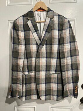 Tallia Grey/White/Camel Plaid Linen Blazer Mens 38R